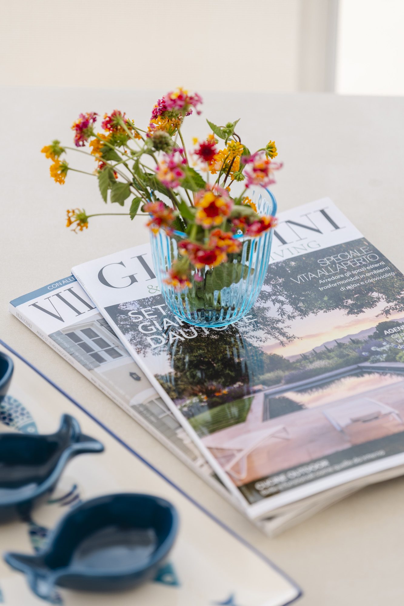 Riviste, fiori di campo e ceramiche blu