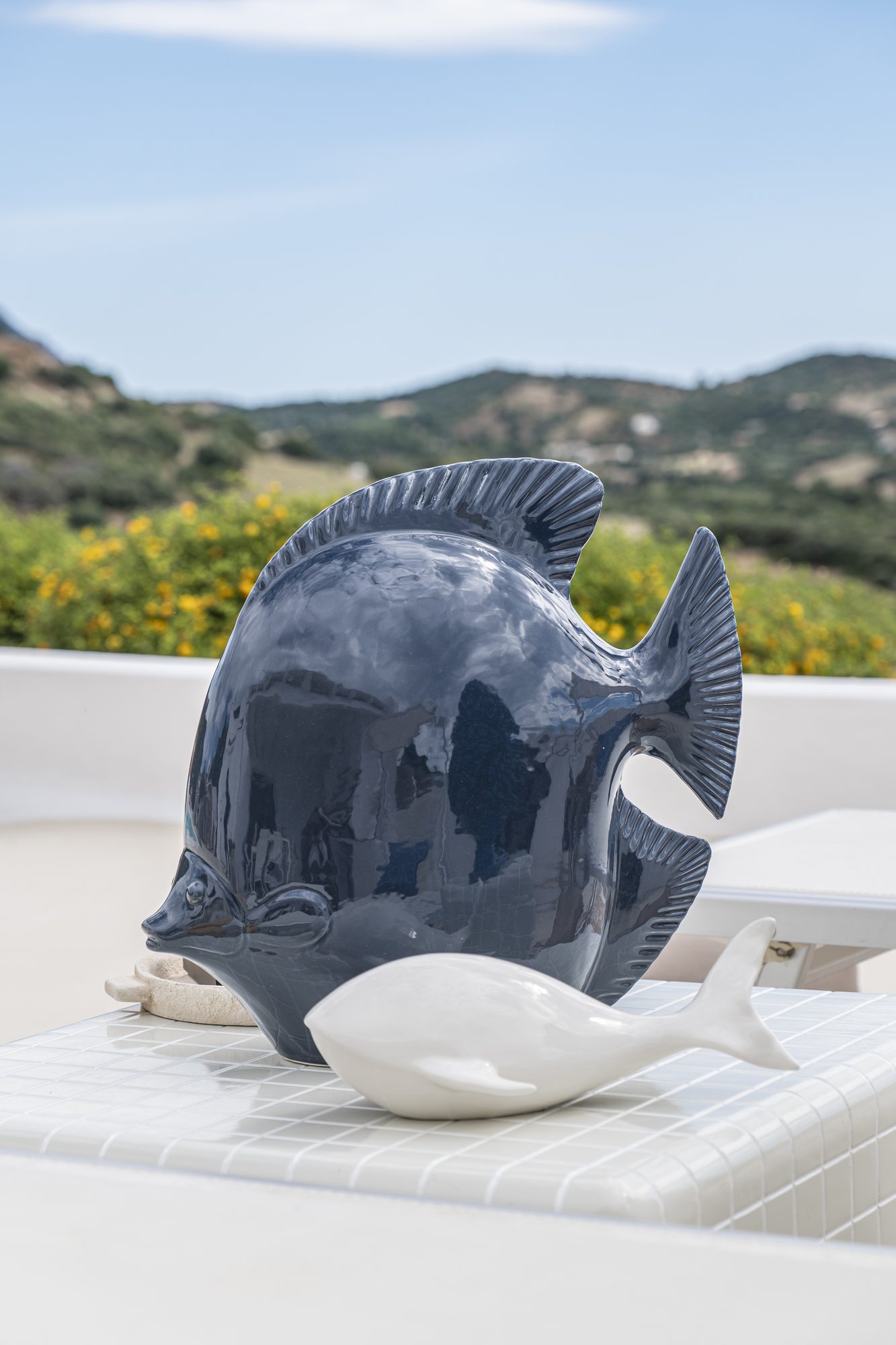 Pesci in ceramica blu e bianca con vista sulle colline